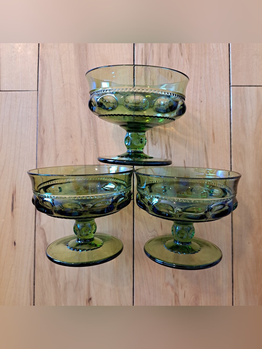 Set of 3 INDIANA GLASS KINGS Crown Olive Green Thumbprint Sherbet Dessert Dish - Picture 3 of 8